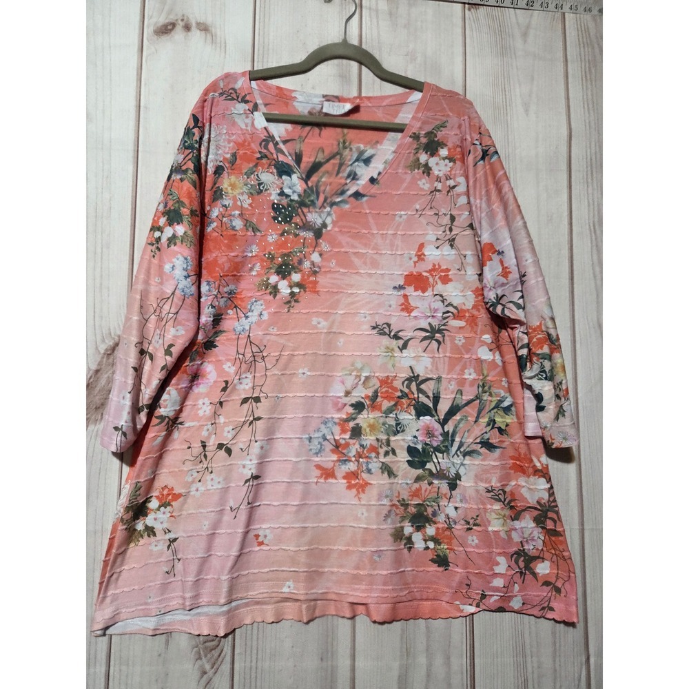 Time and Tru Womens XXL 20 Peach Floral 3/4 Sleeve V-Neck Top Rhinestone Spring